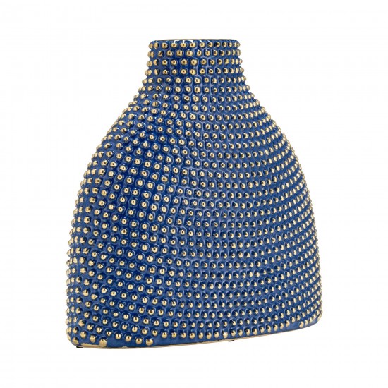 Ceramic 14" Beaded Vase, Navy/gold