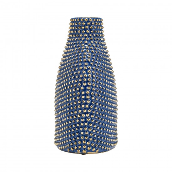 Ceramic 14" Beaded Vase, Navy/gold