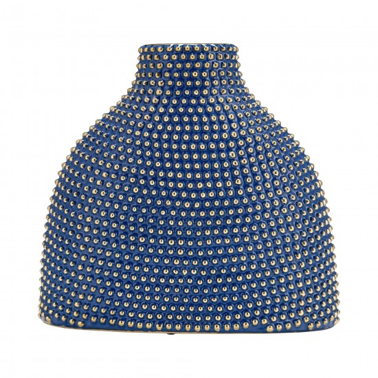 Ceramic 14" Beaded Vase, Navy/gold