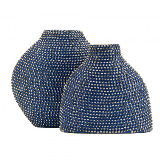 Ceramic 14" Beaded Vase, Navy/gold