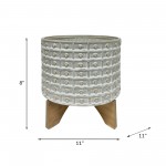 Ceramic 10" Dotted Planter W/wood Stand, Ivory