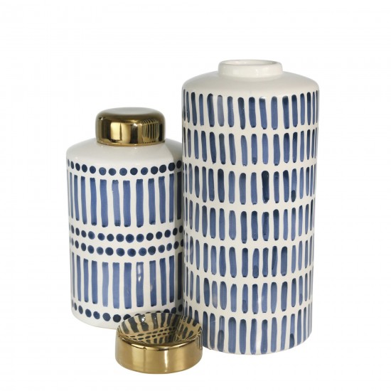Ceramic 13" Jar With Gold Lid,blue