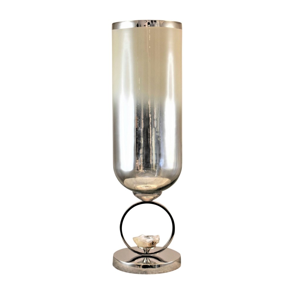 Glass, 21" Vase W/ Metal Base Stone Accent, Pearl