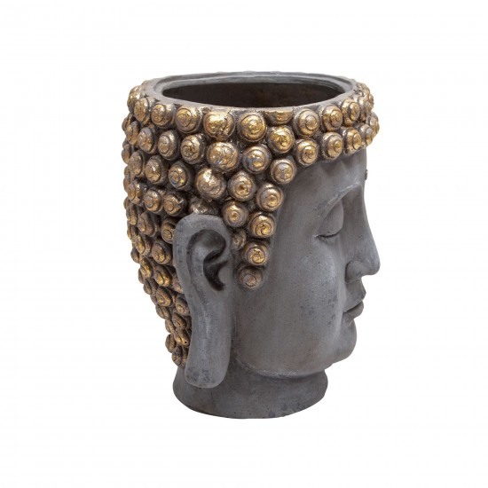 Resin Buddha Head Flower Pot, Gray/gold