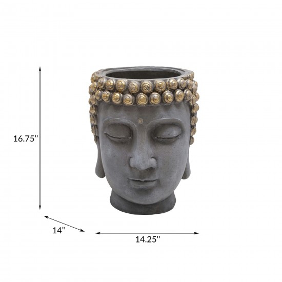 Resin Buddha Head Flower Pot, Gray/gold