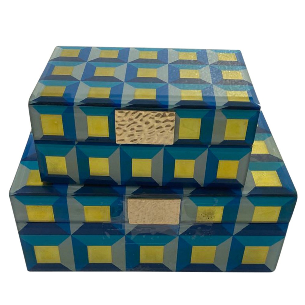 Wood, S/2 6/8" Checkered Boxes, Blue/gold