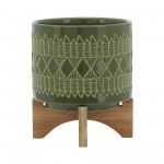 Ceramic 8" Aztec Planter On Wooden Stand, Olive