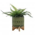 Ceramic 8" Aztec Planter On Wooden Stand, Olive