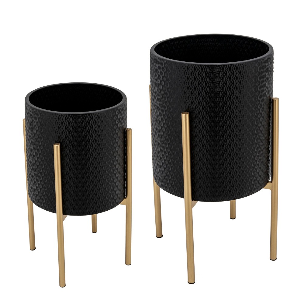 S/2 Textured Planter On Metalstand, Black/gld