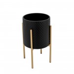 S/2 Textured Planter On Metalstand, Black/gld