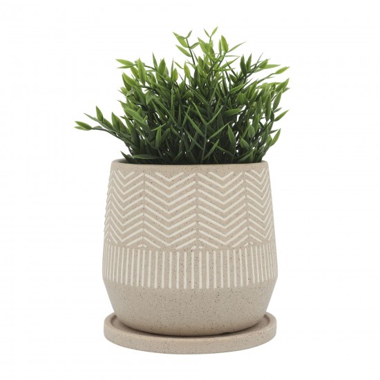 Cer, S/2 7/10"d Stripes Planters W/ Saucer, Tan