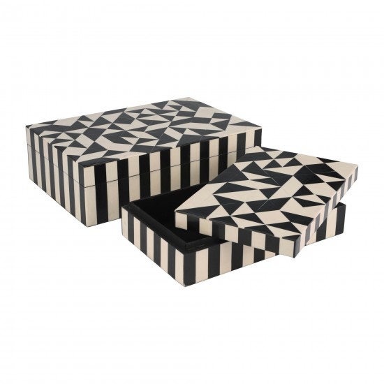 Resin, S/2 10/12" Harlequin Boxes, Black/white