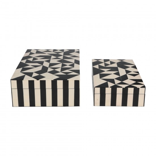 Resin, S/2 10/12" Harlequin Boxes, Black/white