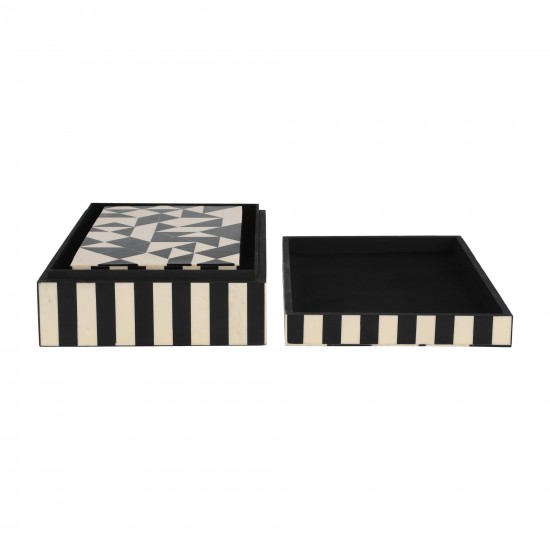 Resin, S/2 10/12" Harlequin Boxes, Black/white