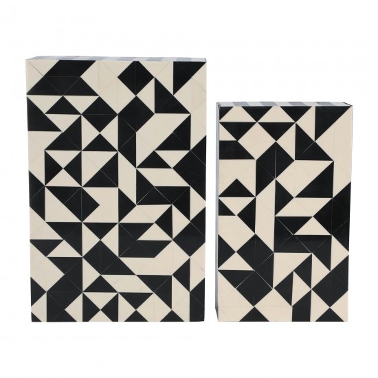 Resin, S/2 10/12" Harlequin Boxes, Black/white