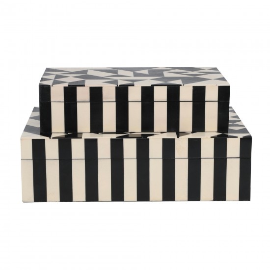Resin, S/2 10/12" Harlequin Boxes, Black/white