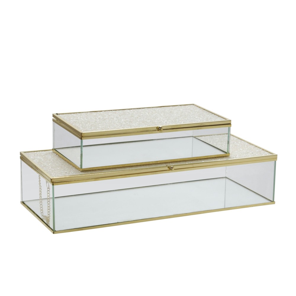 S/2 Metal/glass 8/10" Box W/ Glitter, White