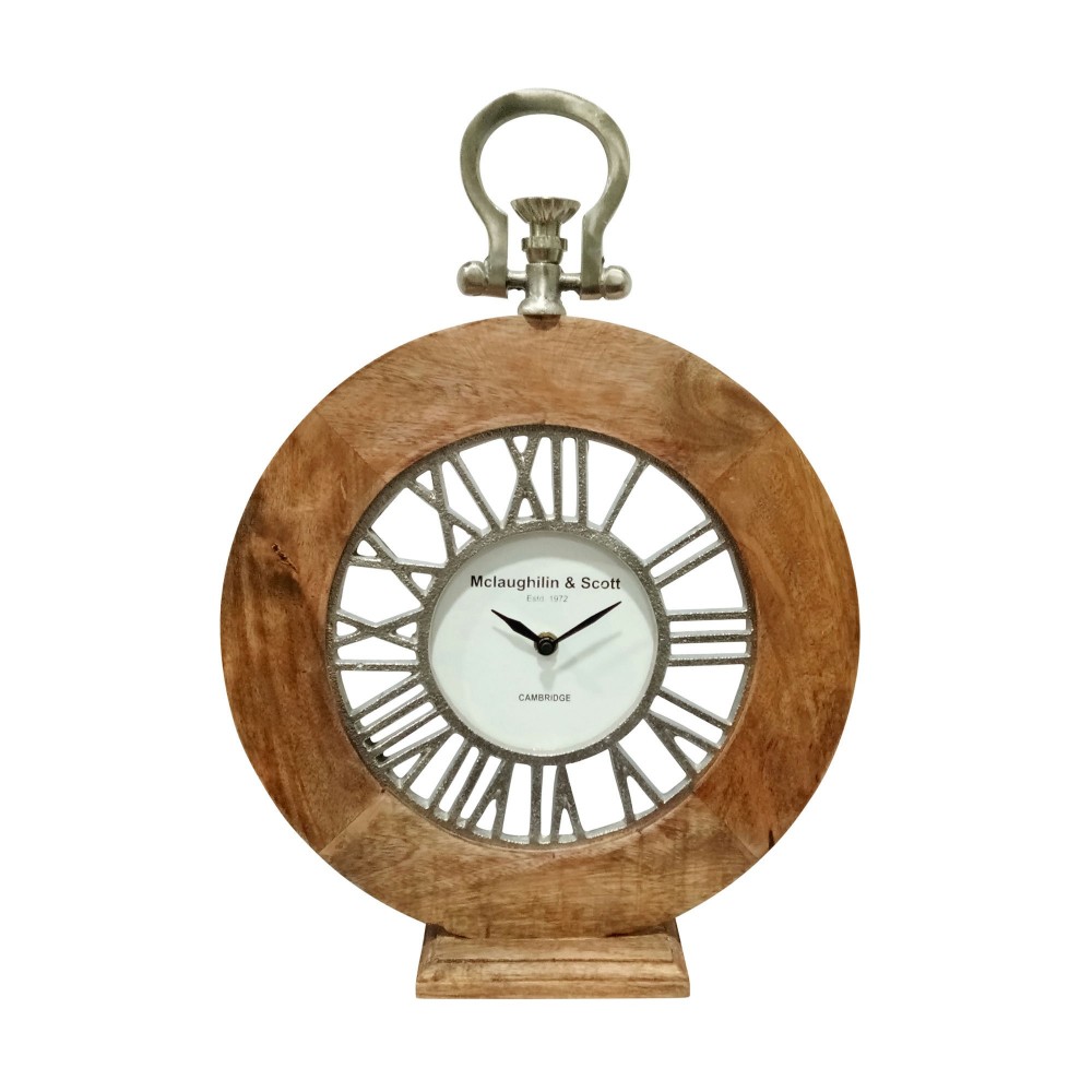 Mango Wood, 16"h Round Table Clock, Natural