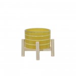 6" Ceramic Striped Planter W/ Wood Stand, Yellow