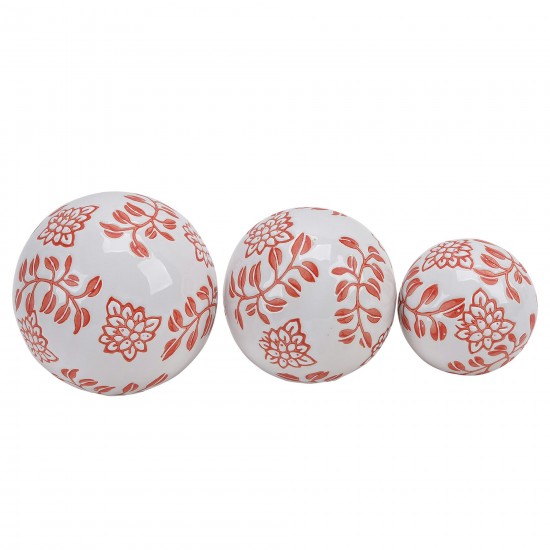 Cer, S/3 Fern Flower Orbs, 4/5/6" White/red