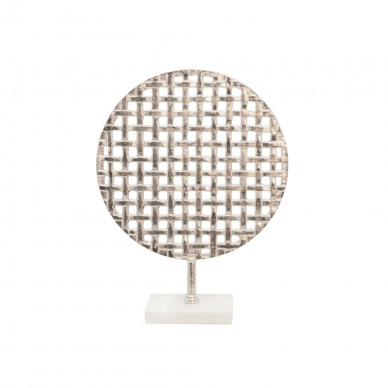 18" Metal Round Mesh Deco On Marble Base, Silver