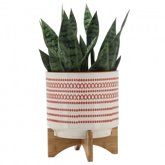 10" Aztec Planter W/ Wood Stand, Orange