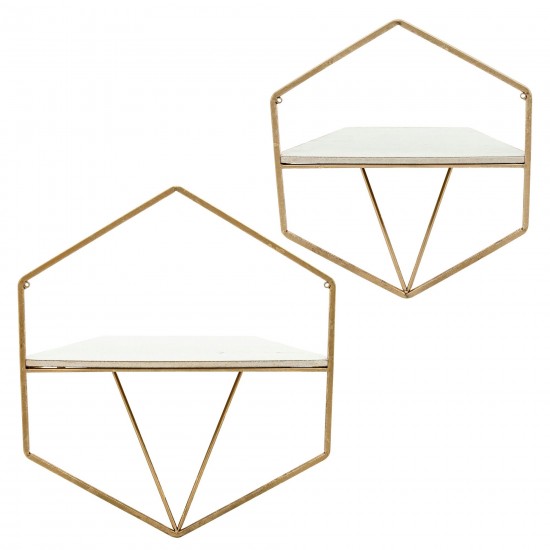 S/2 Metal / Wood Hexagon Wall Shelves, Gold/wht