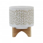 8" Chevron Planter W/ Wood Stand, Beige