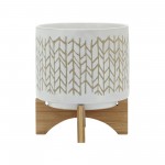 8" Chevron Planter W/ Wood Stand, Beige