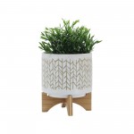 8" Chevron Planter W/ Wood Stand, Beige