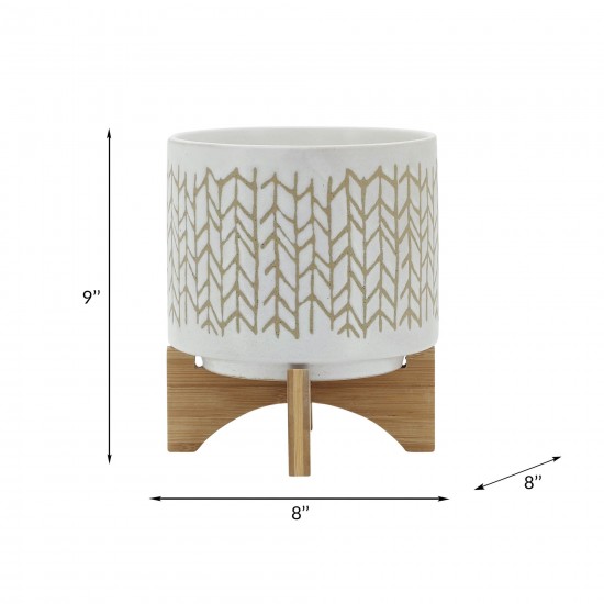 8" Chevron Planter W/ Wood Stand, Beige