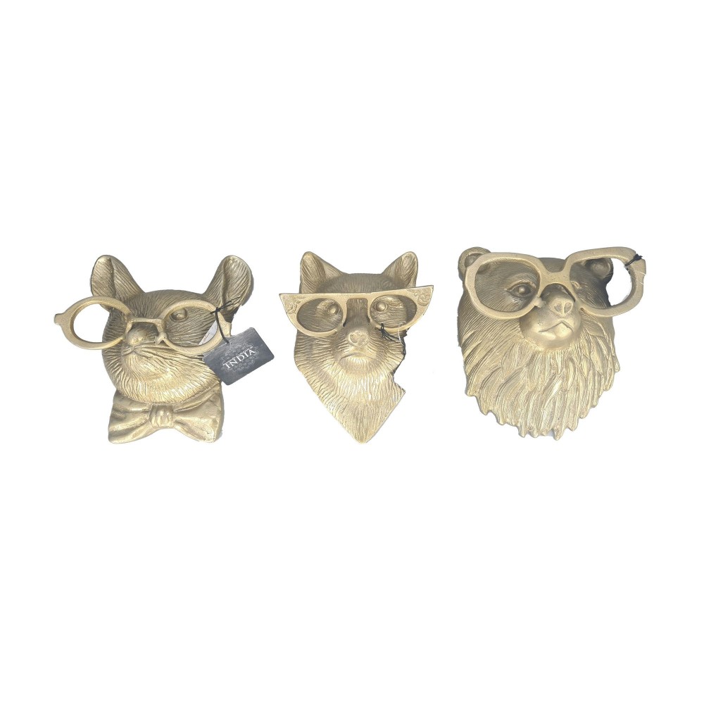 S/3 Animal Faces Metal Wall Decor, Gold