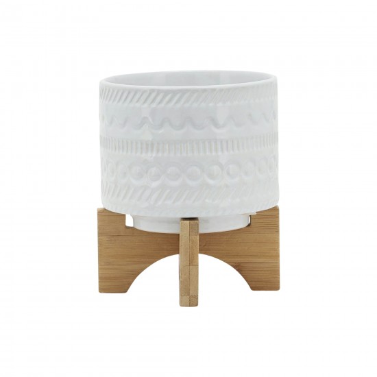 5" Tribal Planter W/ Wood Stand, White