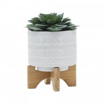 5" Tribal Planter W/ Wood Stand, White