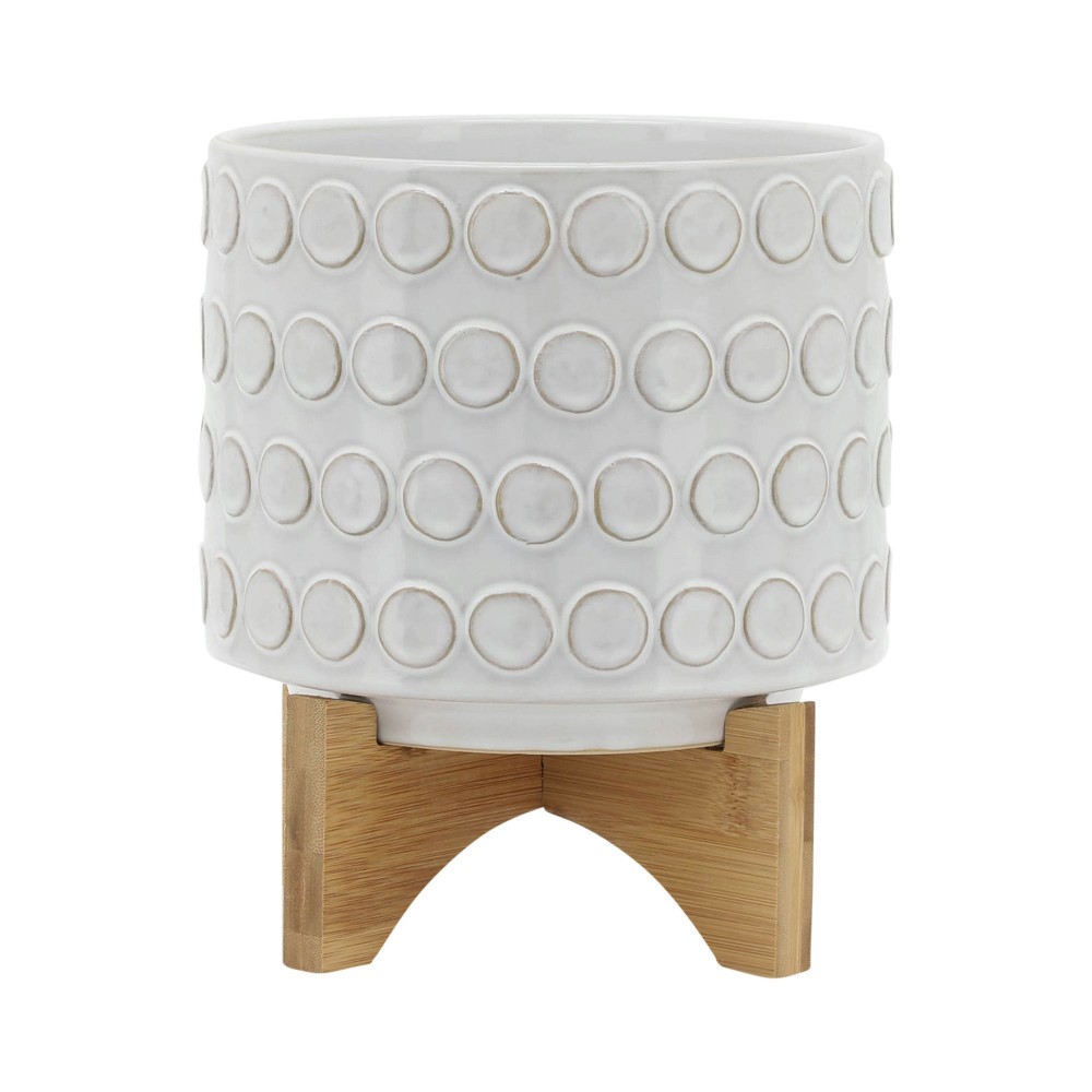 Ceramic 8" Planter On Wooden Stand, Ivory