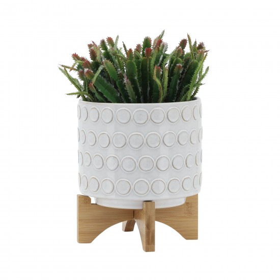 Ceramic 8" Planter On Wooden Stand, Ivory