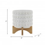Ceramic 8" Planter On Wooden Stand, Ivory