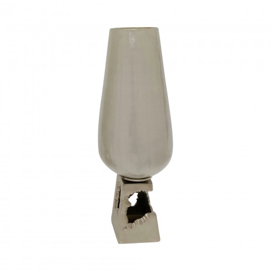 Glass, 19"h Vase W/ Metal Base, Pearl White