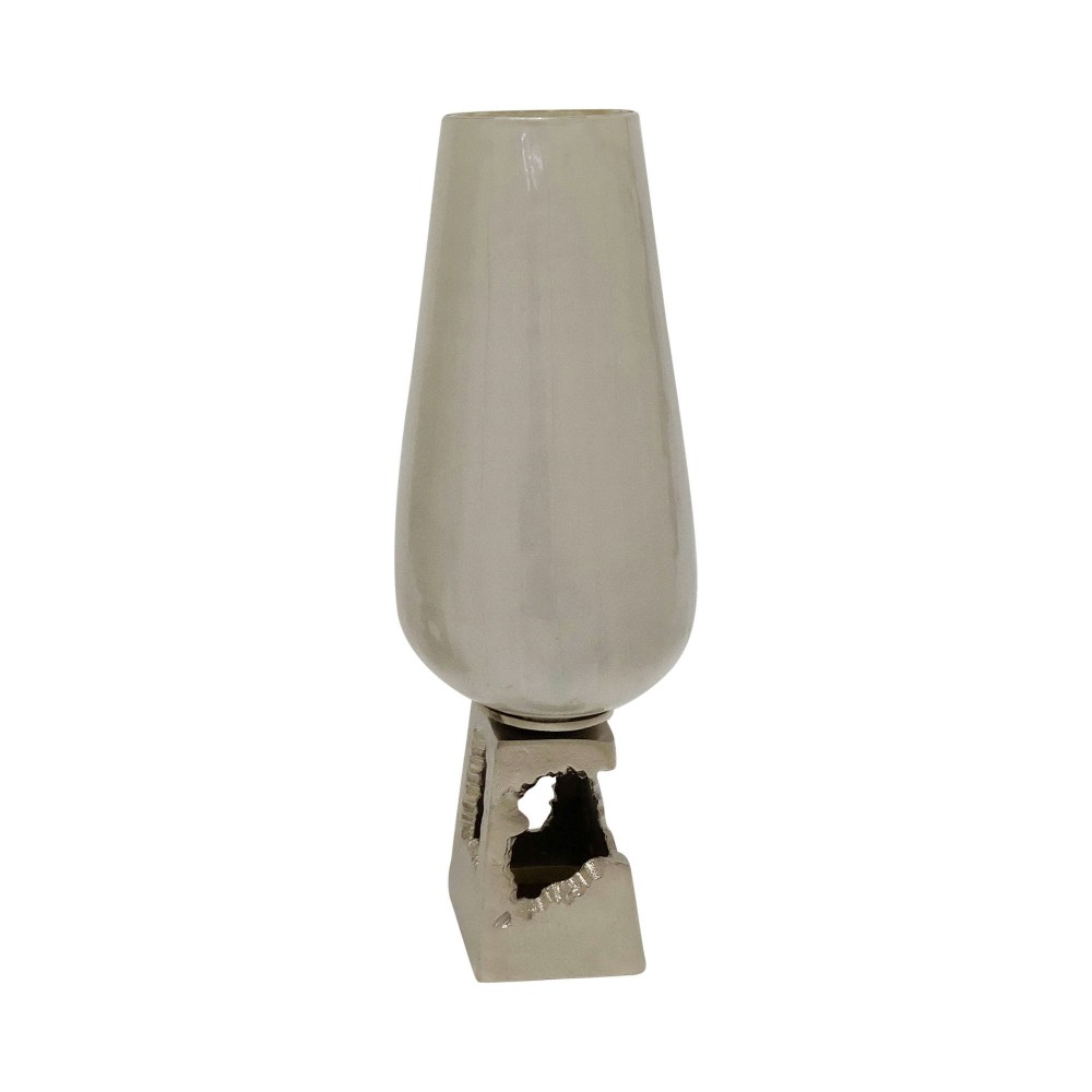 Glass, 19"h Vase W/ Metal Base, Pearl White