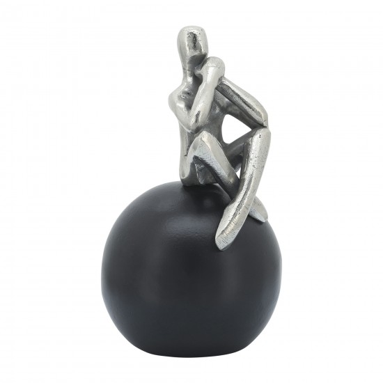 Metal, 9"h Thinking Man On Orb, Silver/black