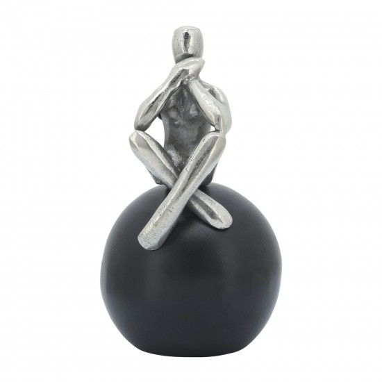 Metal, 9"h Thinking Man On Orb, Silver/black