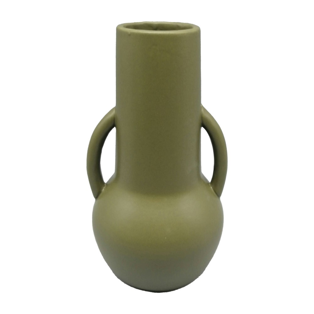 Cer,8",vase W/handles,olive