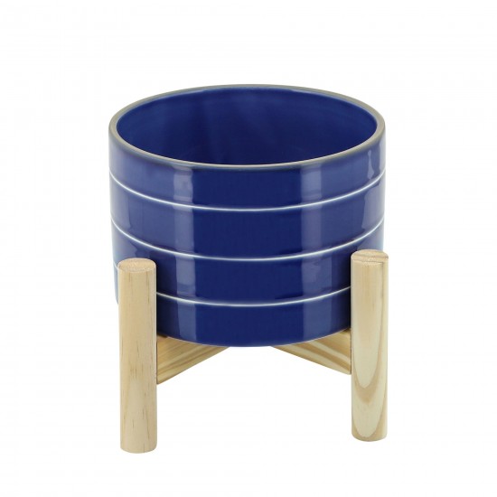 6" Striped Planter W/ Wood Stand, Navy