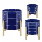 6" Striped Planter W/ Wood Stand, Navy