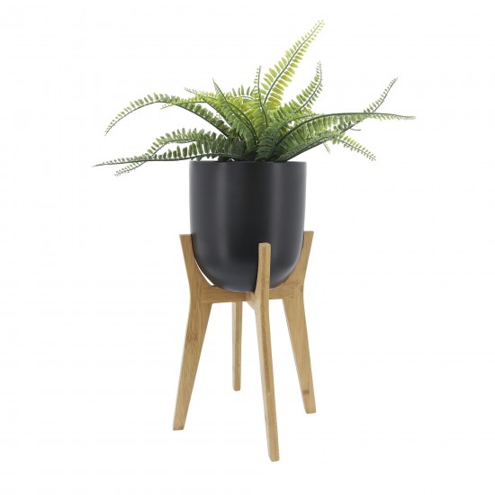 Cer 8" Planter W/ Wooden Stand, Black