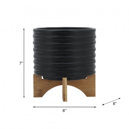 8" Textured Planter W/ Stand, Black