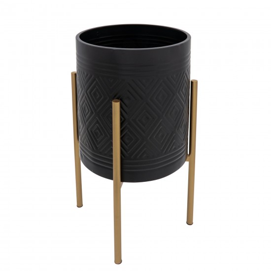 S/2 Aztec Planter On Metal Stand, Black/gold