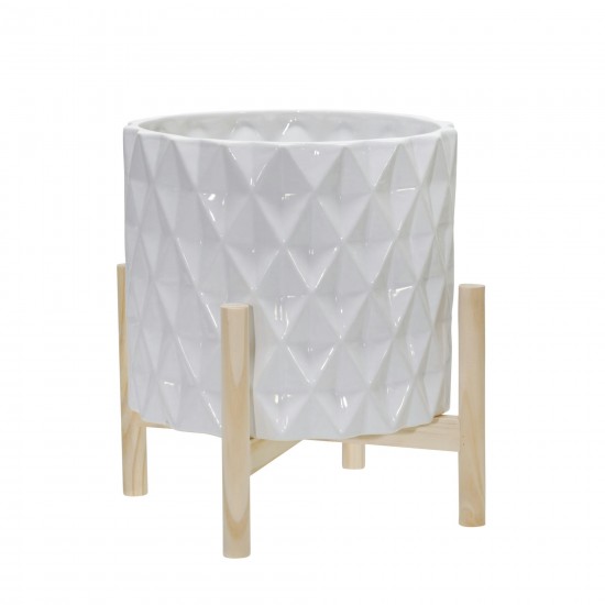 12" Ceramic Diamond Planter W/ Wood Stand, White