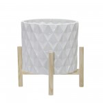 12" Ceramic Diamond Planter W/ Wood Stand, White