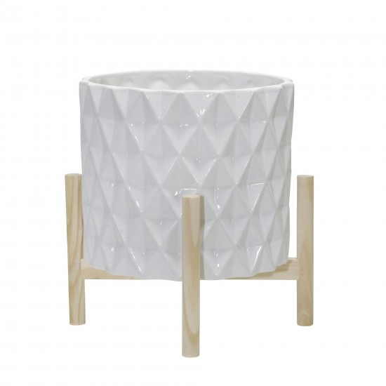 12" Ceramic Diamond Planter W/ Wood Stand, White